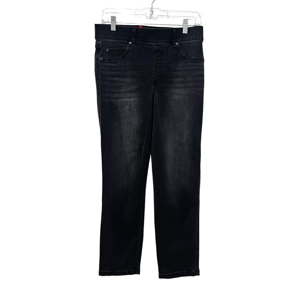 Spanx Straight Ankle Jeans Womens M Black Charcoal Wash High Rise Stretch Denim